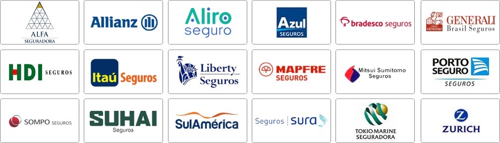 Alfa, Aliro, Allianz, Azul, Bradesco, Generali, HDI, Itau, Liberty, Mapfre, Mitsui, Porto Seguro, Sompo, Suhai, Sulamerica,Sura, Tokio Marine, Zurich